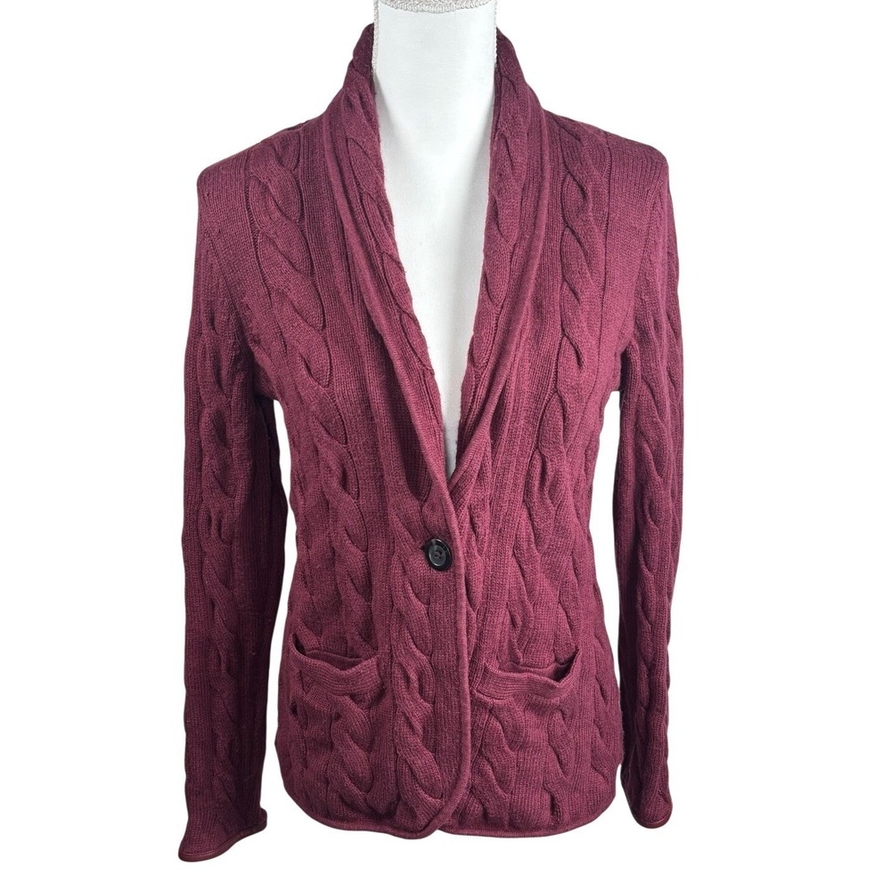 Talbots Cable Knit Cardigan Sweater Jacket Size M Petite Cozy Chunky Wine